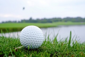 Obraz premium A golf ball sits on a lush green grass, ideal for a golf course or sports illustration