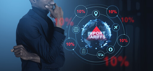 Businessman analyzing import tariffs increase concept with 10 pe