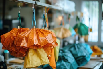 Obraz premium A collection of colorful umbrellas hang from the ceiling, creating a fun and playful atmosphere