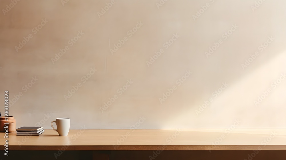 Poster a tranquil and meticulously arranged minimalist workspace featuring a notebook coffee cup and a phon