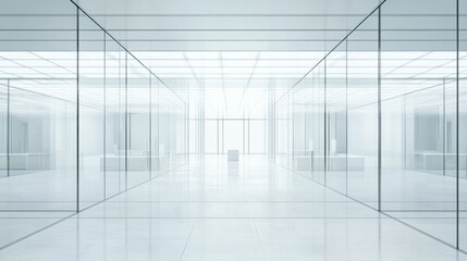 A legislative hall with sleek glass panels and minimalistic furniture. Featuring transparency and efficiency