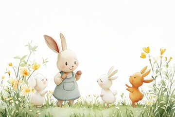 Fototapeta premium Cute bunnies celebrating Easter with colorful eggs in a springtime meadow