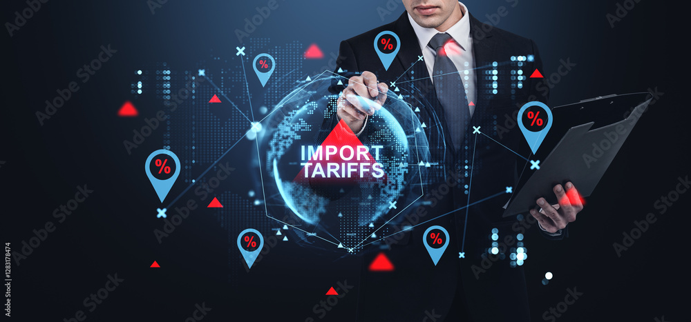 Poster businessman analyzing import tariffs with digital data elements.