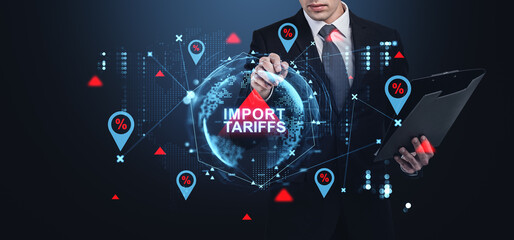 Businessman analyzing import tariffs with digital data elements.