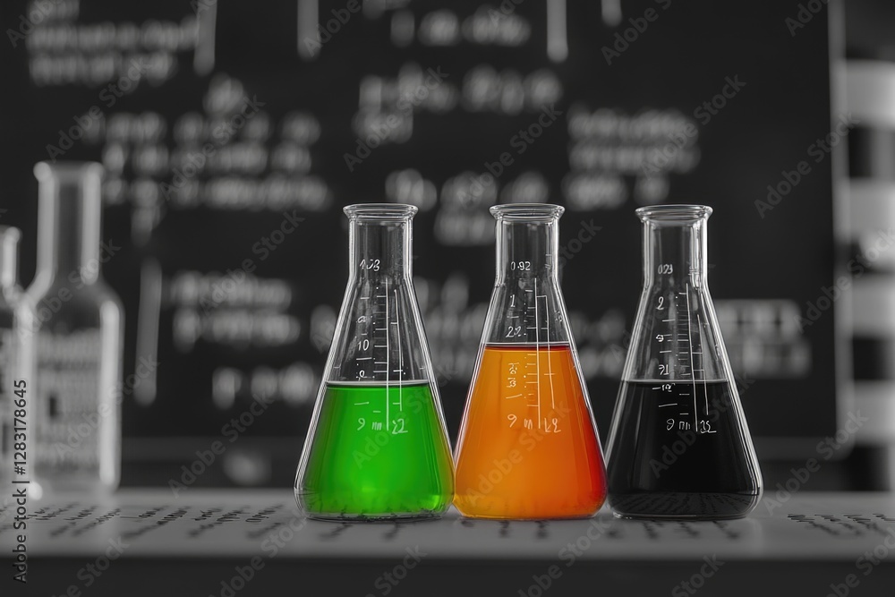 Poster close up of three flasks with distinct colored liquids inside, suitable for use in science or medica