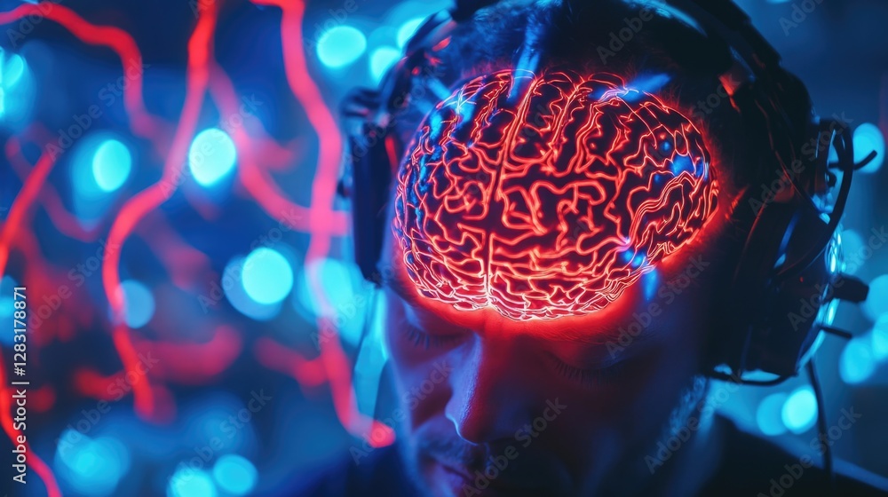 Poster a person listening to music with a futuristic brain display in the background, great for tech and in