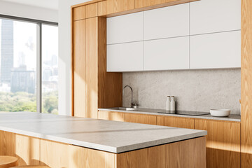 Modern kitchen interior with wooden cabinets and minimalist design. 3D Rendering