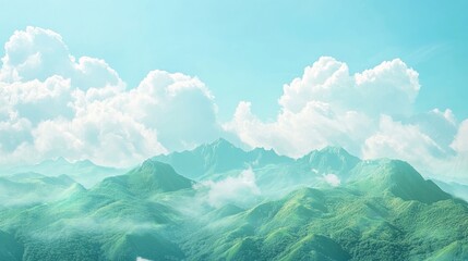 World Environment Day concept: Green mountains and beautiful sky clouds under the blue sky for sustainability.