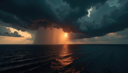 Fototapeta premium A black horizon under a dark brown stormy sky with heavy rain and strong wind, black horizon, summer