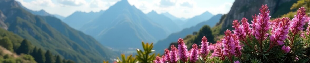 Majestic rosemary in full bloom against the backdrop of rugged peaks, nature, foliage