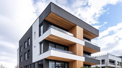 Modern apartment building exterior, sunny day, city view, urban architecture, residential property, for real estate listings