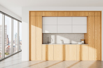 Modern minimalist kitchen interior with natural wood and white cabinets. 3D Rendering
