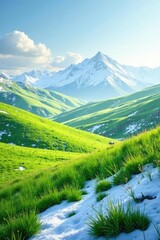 Fototapeta premium A blanket of snow covers the rolling hills and vast fields of emerald grass, hill, white, nature