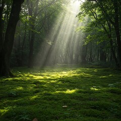 Obraz premium peaceful forest clearing with soft mossy ground and filtered sunlight through the trees.