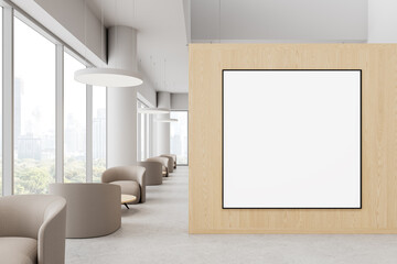 Modern office lounge with empty poster frame on wooden wall. 3D Rendering