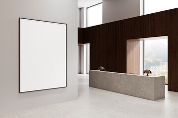 Blank framed poster mockup in modern lobby interior with minimalist design. 3D Rendering