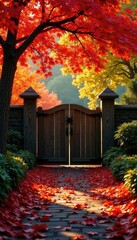 Richly colored fall leaves scattered on the ground in front of a wooden gate, fall leaves, autumnal landscape