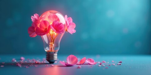 A bouquet of pink petals unfurls within a radiant glass bulb on a tranquil blue backdrop, glowing, glass, light bulb
