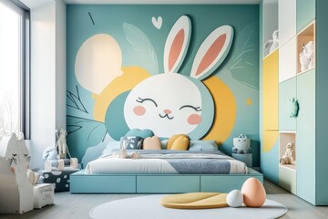 Springtime celebration in a festive Easter-themed room with bunny decor and colorful eggs
