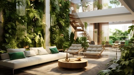 Elegant and calming indoor tropical garden feature in a modern minimalist apartment interior with large windows natural light and cozy furniture