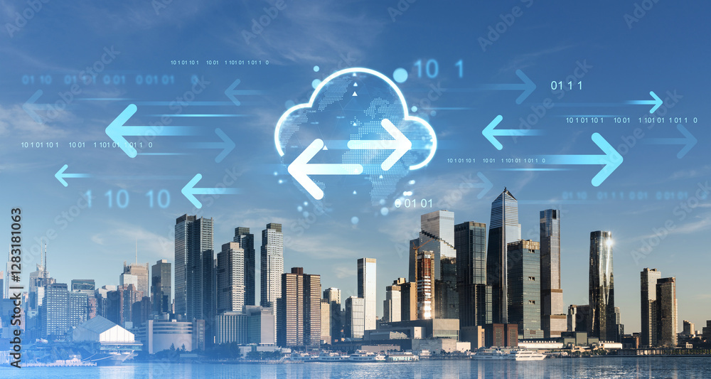 Poster cloud computing and data transfer concept over new york skyline.