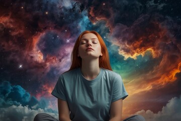 A young girl prays, dreams, meditates, against the background of space.