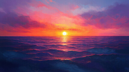 Fototapeta premium Beautiful sunset over a tranquil ocean with soft orange, pink, and purple colors painting the horizon