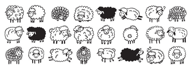 Doodle hand drawn funny cute sheep outline set. Drawing sheep