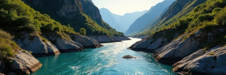 River flowing through a narrow valley with rocky cliffs, rocky cliffs, landscape