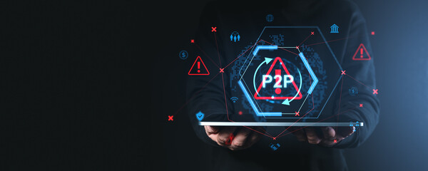 P2P payment security warning hologram on tablet.