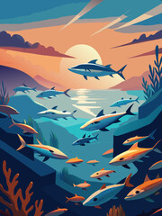 Obraz premium Vibrant Underwater Seascape at Sunset Depicting Diverse Marine Life in a Tranquil Ocean