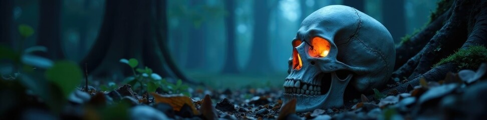 Soft moonbeams illuminate skull in dark forest, glowing, shadow, mystical