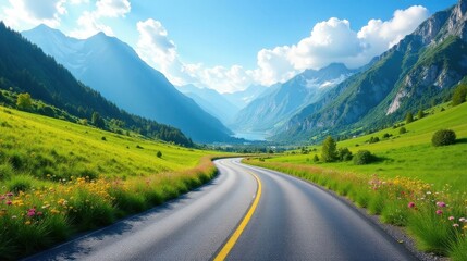 Fototapeta premium Asphalt ribbon winding through vibrant meadows, nestled amongst majestic mountain peaks under a bright summer sky