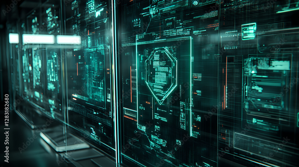 Poster dynamic data visualization in a futuristic tech environment digital interface cyberpunk aesthetic