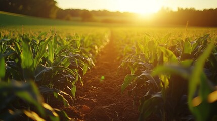 Obraz premium Amidst a golden sunset, rows of corn plants struggle to thrive, showcasing the devastating effects of prolonged drought. The soil appears parched, highlighting agricultural distress