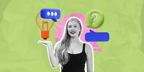 Woman with speech bubbles and light bulb on textured green backg