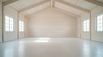 Fototapeta premium Empty Light Wood Cabin Interior, Sunlight, Peaceful, Interior Design, Empty Room, Use Stock Photo