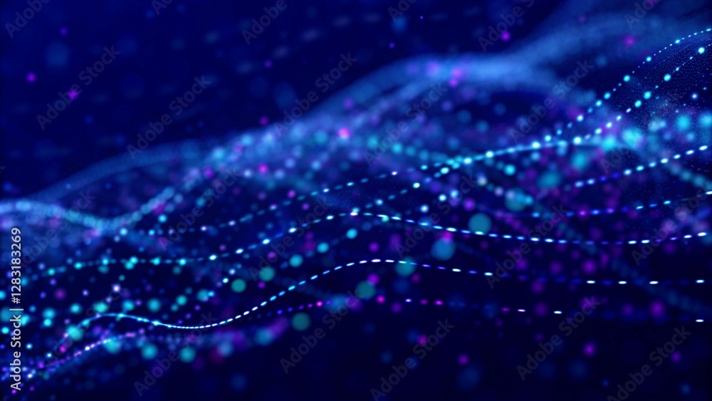 Poster Abstract technology background. Science, futuristic background. Big data visualization. 3D rendering. Data technology background. Abstract background. Wave with connecting dots on a dark background. 