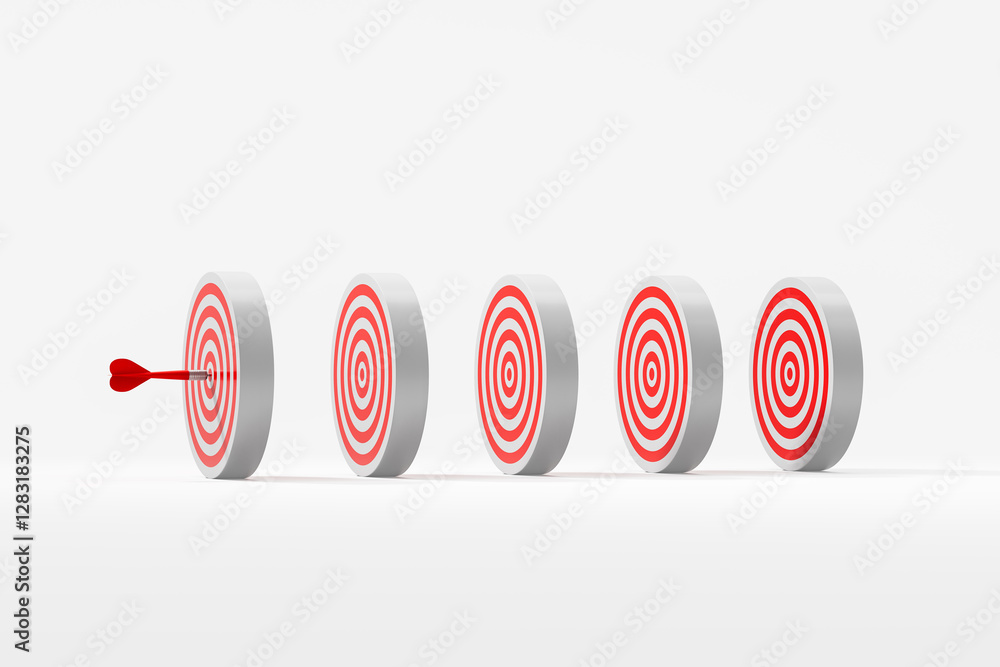 Poster precision target concept with a dart hitting the bullseye on the first of five aligned targets. 3d r