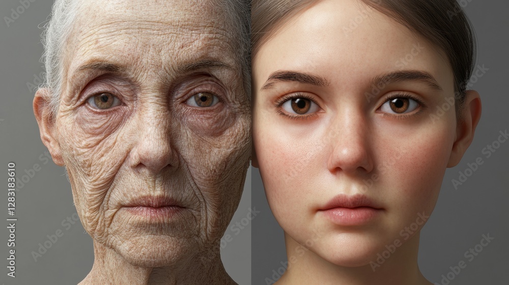 Poster transformation of facial appearance showcasing the contrast between aging and youthful skin in a spl