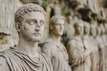 Group of statues depicting men standing next to each other, perfect for use in historical or architectural settings