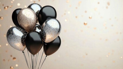 Elegant festive black and silver balloons background with confetti accents. Ideal for upscale party invitations, banners, and celebratory designs with ample copy space.