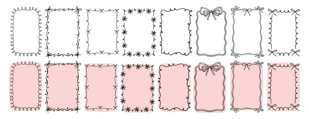 hand drawn doodle pink cute borders for wedding invitation with bows, quirky trendy whimsical frames for girl birthday, wavy borders. Empty cute line frames