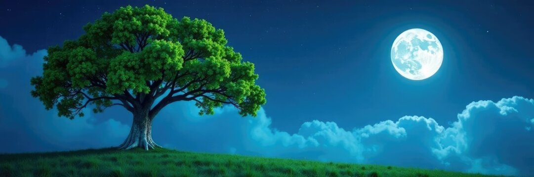 Un ?rbol con un tronco blanco y ramas de hojas verdes bajo la luz de la luna, luz lunar, noche estrellada
