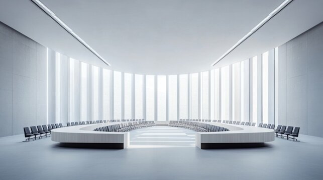 A legislative hall with sleek lines and open spaces. Featuring efficiency and clarity