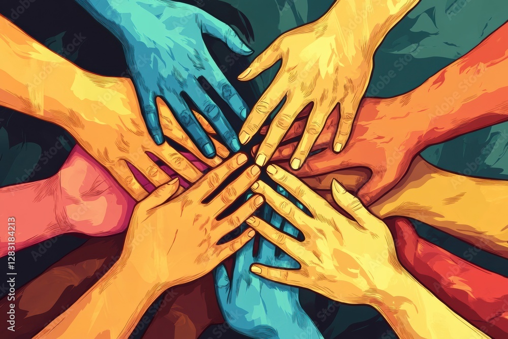 Poster symbolic illustration of interconnected hands showcasing unity and support among diverse cultures an