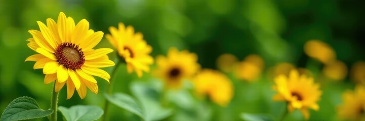 Obraz premium Bright yellow sunflowers against a lush green leafy background, garden, sunshine