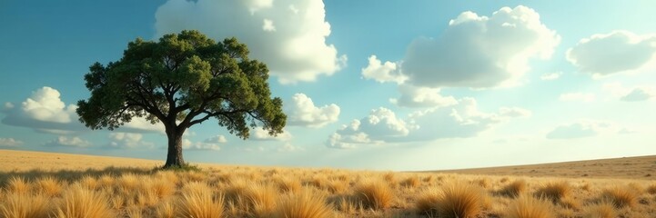 Obraz premium Vast empty space with a solitary tree under cloudy skies, cloud formations, atmospheric conditions