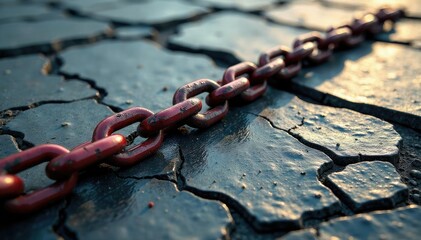 Broken chain link fragments on cracked pavement, distorted, cracks