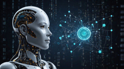 A humanoid robot with an exposed internal structure, gazing at a glowing, network like digital interface against a backdrop of binary code.